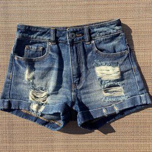 Distressed High Waist Denim Mom Shorts